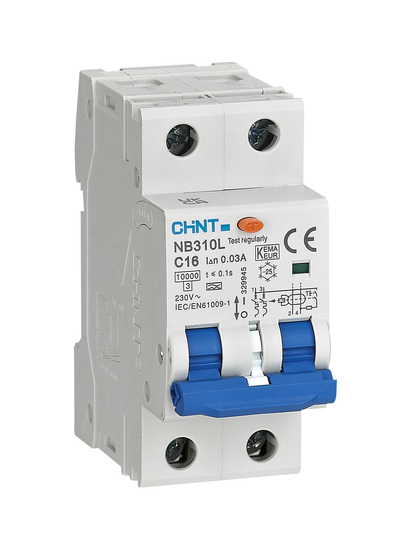 Chint differentiëelautomaat 1-fase, 2-polig 16A B-kar 30mA 6kA onderbrekingscapaciteit (NB310L-2P-B16)