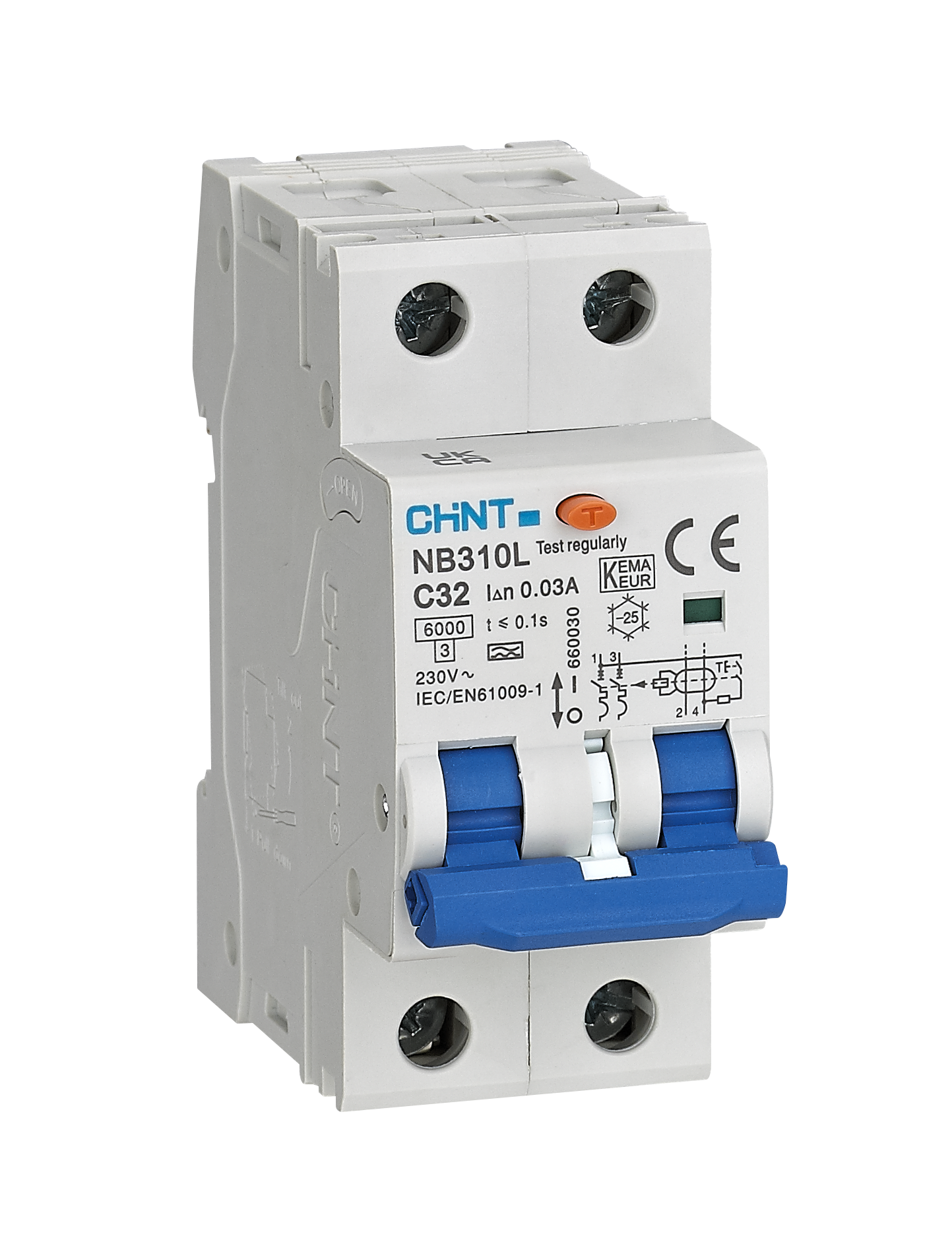 Chint differentiëelautomaat 1-fase, 2-polig 25A B-kar 30mA 6kA onderbrekingscapaciteit (NB310L-2P-B25)