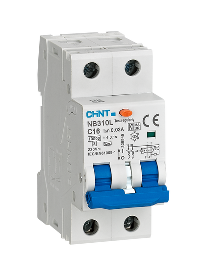 Chint differentiëelautomaat 1-fase, 2-polig 16A B-kar 30mA 6kA onderbrekingscapaciteit (NB310L-2P-B16)