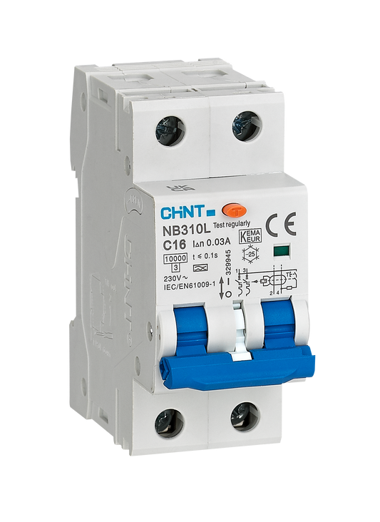 Chint differentiëelautomaat 1-fase, 2-polig 16A B-kar 30mA 6kA onderbrekingscapaciteit (NB310L-2P-B16)