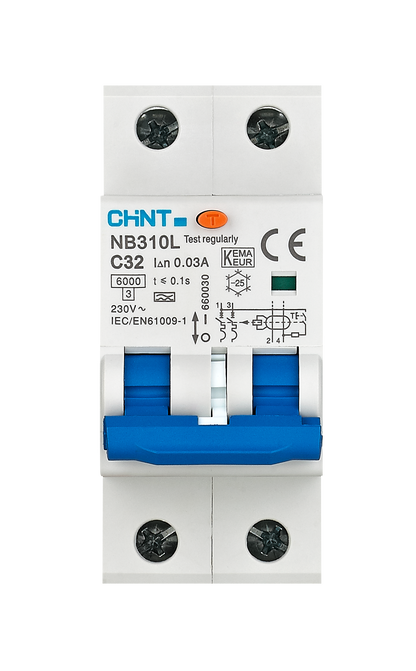 Chint differentiëelautomaat 1-fase, 2-polig 25A B-kar 30mA 6kA onderbrekingscapaciteit (NB310L-2P-B25)
