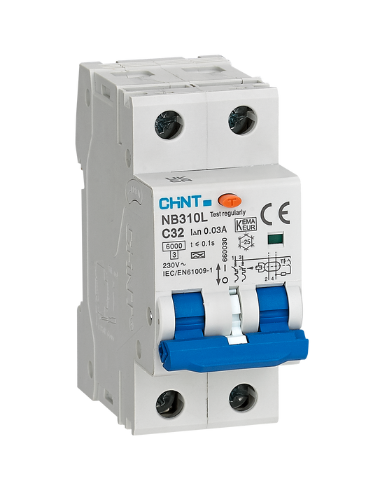 Chint differentiëelautomaat 1-fase, 2-polig 32A B-kar 30mA 6kA onderbrekingscapaciteit (NB310L-2P-B32)